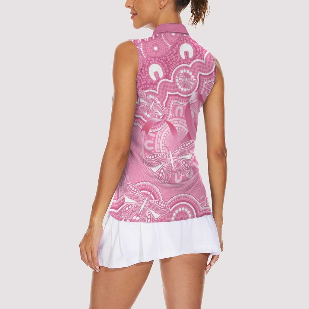 Australia Indigenous Women Sleeveless Polo Shirt Pink Ribbon Breast Cancer Butterfly Aboriginal - Aussie Hoodie