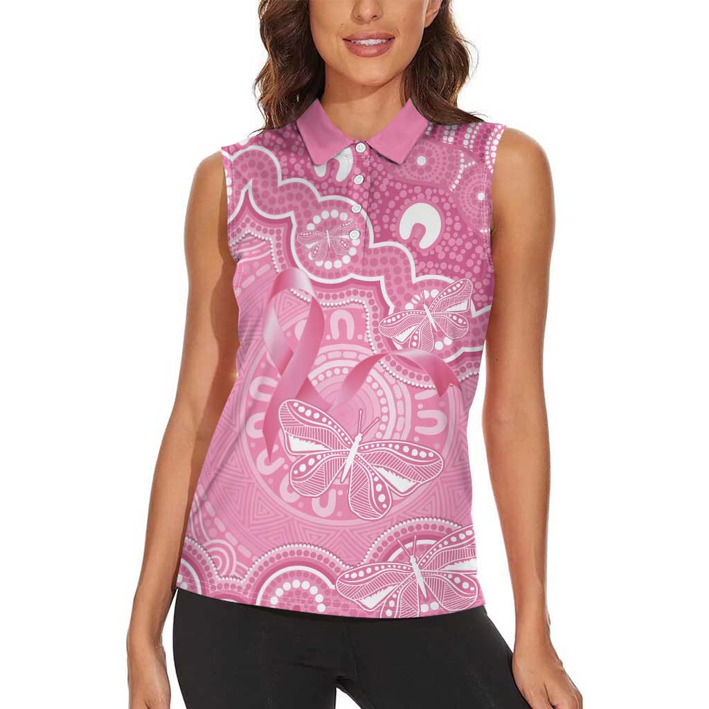 Australia Indigenous Women Sleeveless Polo Shirt Pink Ribbon Breast Cancer Butterfly Aboriginal - Aussie Hoodie