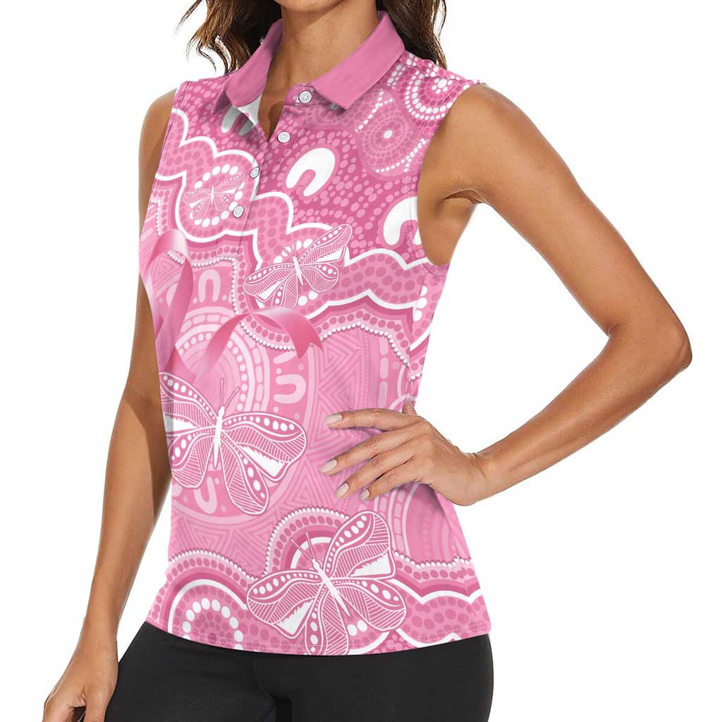 Australia Indigenous Women Sleeveless Polo Shirt Pink Ribbon Breast Cancer Butterfly Aboriginal - Aussie Hoodie