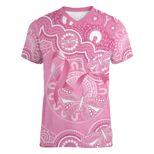 Australia Indigenous Women V-Neck T-Shirt Pink Ribbon Breast Cancer Butterfly Aboriginal - Aussie Hoodie