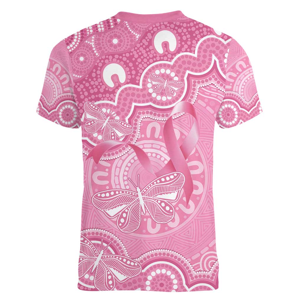 Australia Indigenous Women V-Neck T-Shirt Pink Ribbon Breast Cancer Butterfly Aboriginal - Aussie Hoodie