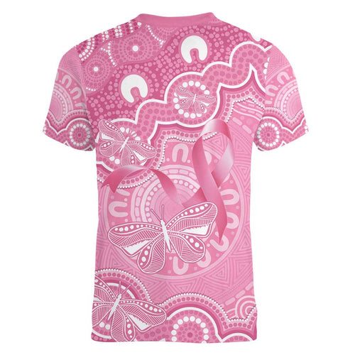 Australia Indigenous Women V-Neck T-Shirt Pink Ribbon Breast Cancer Butterfly Aboriginal - Aussie Hoodie
