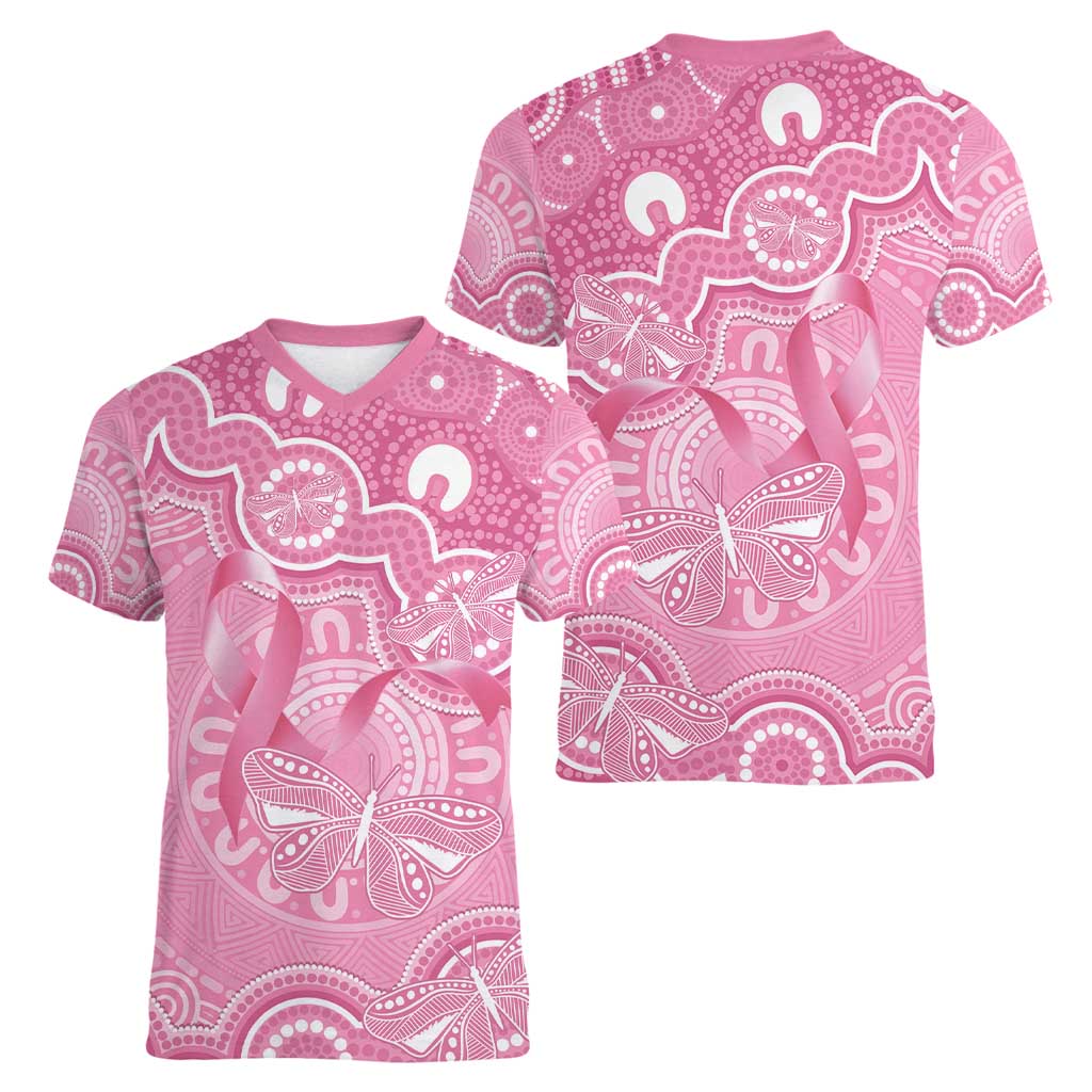 Australia Indigenous Women V-Neck T-Shirt Pink Ribbon Breast Cancer Butterfly Aboriginal - Aussie Hoodie