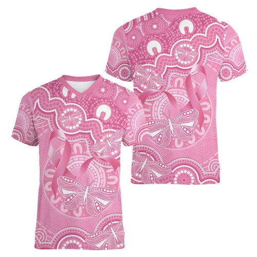 Australia Indigenous Women V-Neck T-Shirt Pink Ribbon Breast Cancer Butterfly Aboriginal - Aussie Hoodie