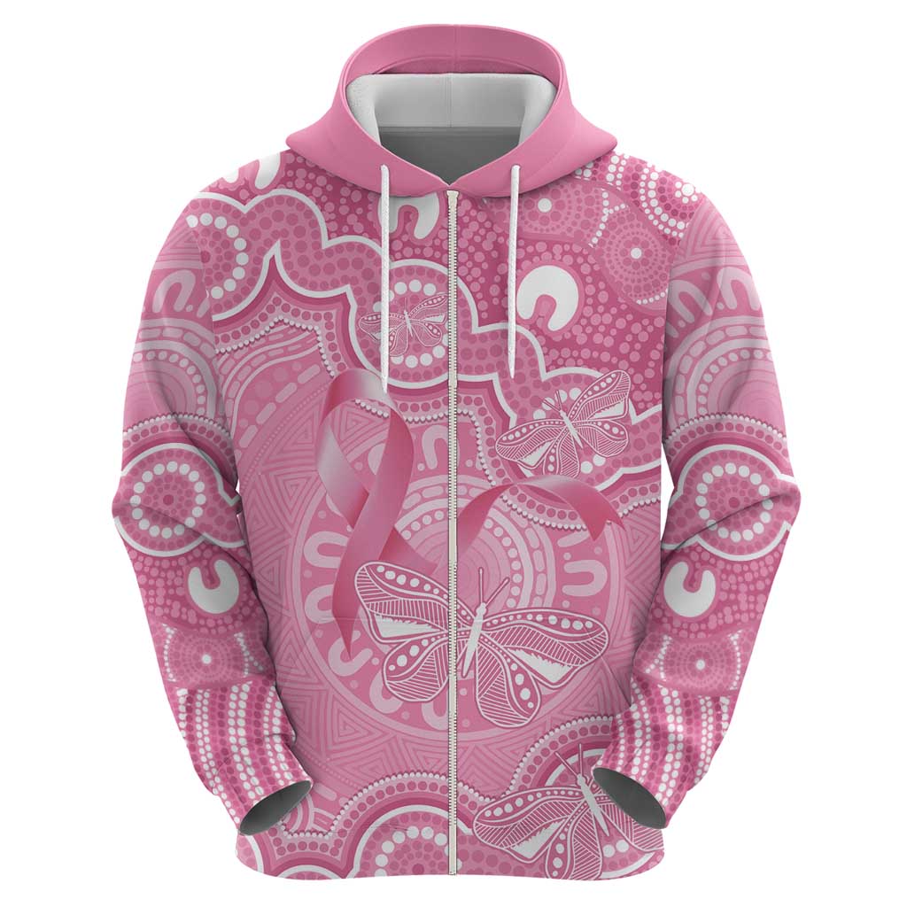 Australia Indigenous Zip Hoodie Pink Ribbon Breast Cancer Butterfly Aboriginal - Aussie Hoodie