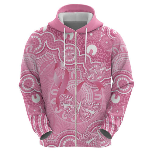 Australia Indigenous Zip Hoodie Pink Ribbon Breast Cancer Butterfly Aboriginal - Aussie Hoodie