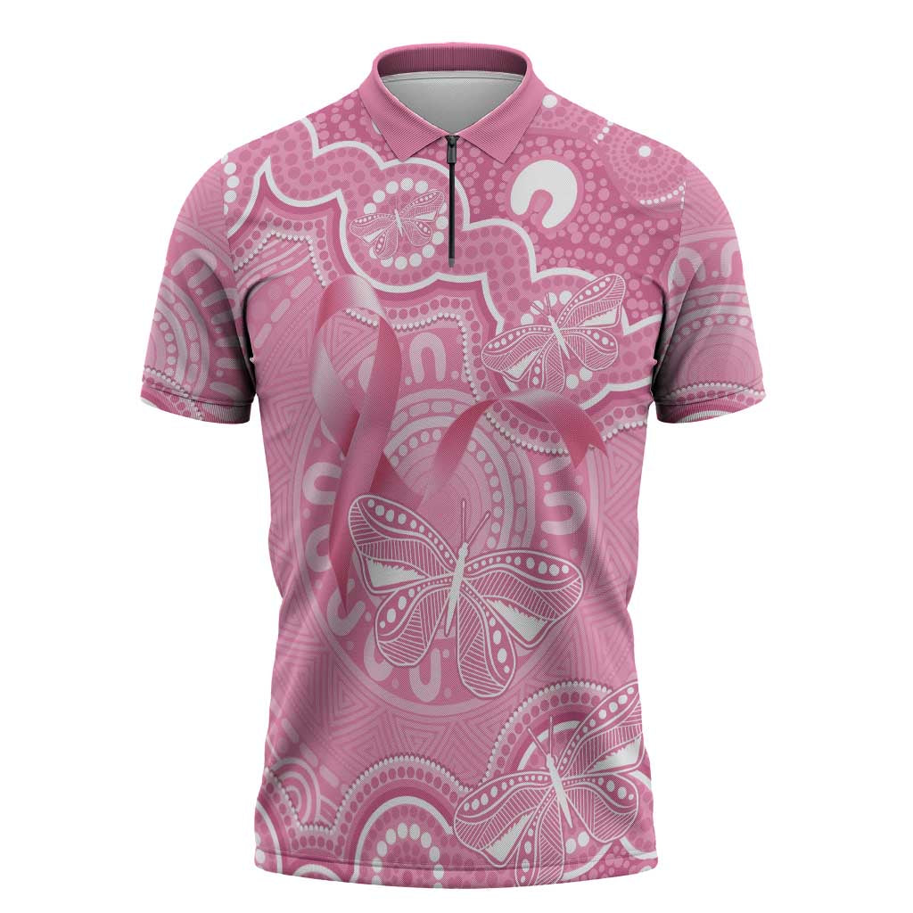 Australia Indigenous Zipper Polo Shirt Pink Ribbon Breast Cancer Butterfly Aboriginal - Aussie Hoodie