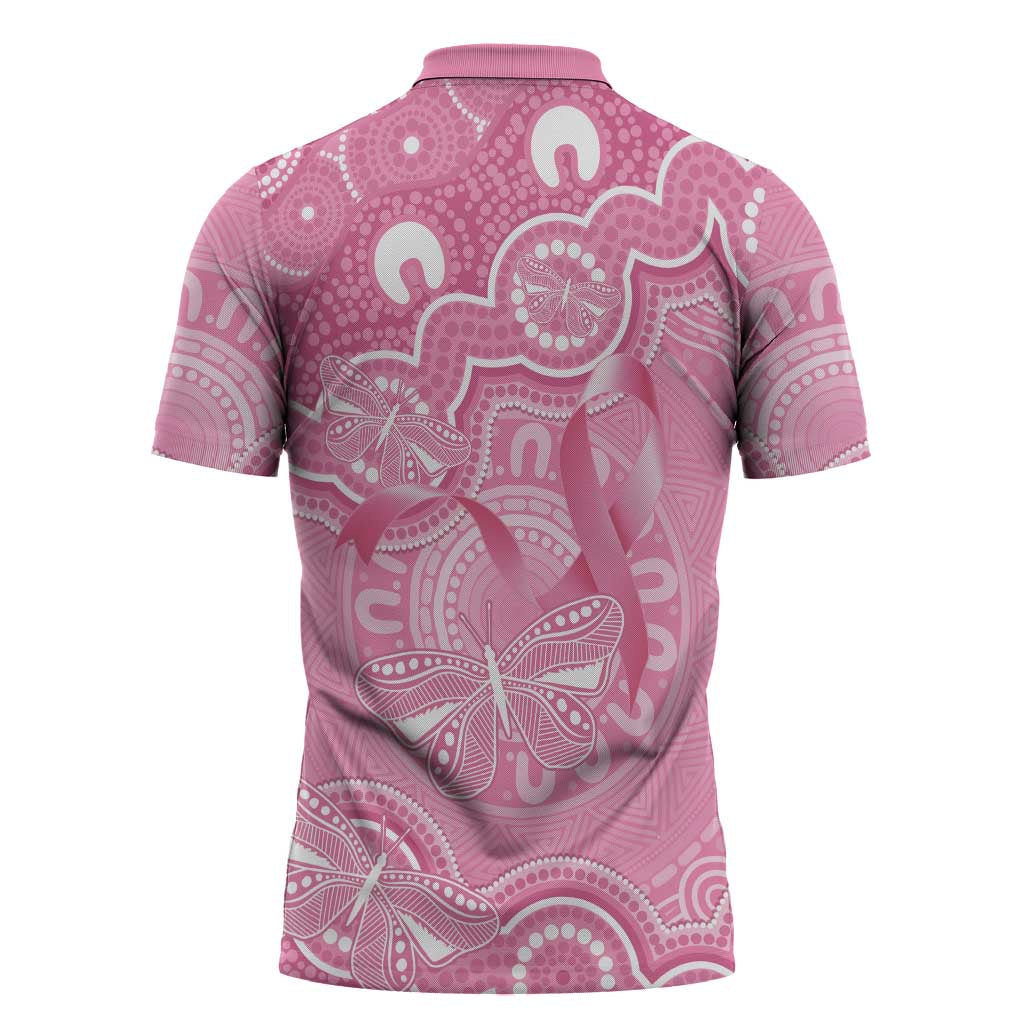 Australia Indigenous Zipper Polo Shirt Pink Ribbon Breast Cancer Butterfly Aboriginal - Aussie Hoodie