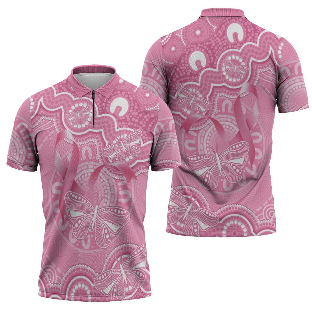 Australia Indigenous Zipper Polo Shirt Pink Ribbon Breast Cancer Butterfly Aboriginal - Aussie Hoodie