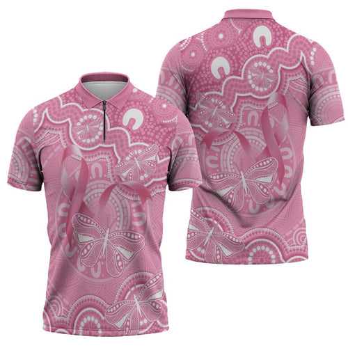 Australia Indigenous Zipper Polo Shirt Pink Ribbon Breast Cancer Butterfly Aboriginal - Aussie Hoodie