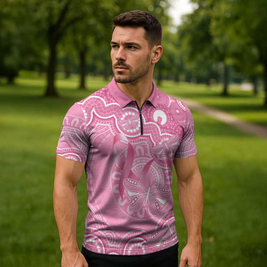 Australia Indigenous Zipper Polo Shirt Pink Ribbon Breast Cancer Butterfly Aboriginal - Aussie Hoodie