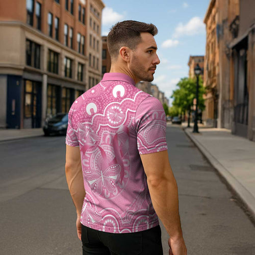 Australia Indigenous Zipper Polo Shirt Pink Ribbon Breast Cancer Butterfly Aboriginal - Aussie Hoodie