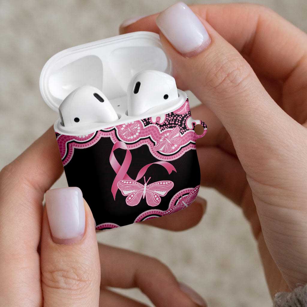 Australia Indigenous AirPods Case Pink Ribbon Breast Cancer Butterfly Aboriginal Black - Aussie Hoodie