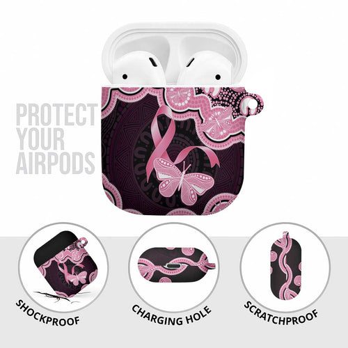Australia Indigenous AirPods Case Pink Ribbon Breast Cancer Butterfly Aboriginal Black - Aussie Hoodie