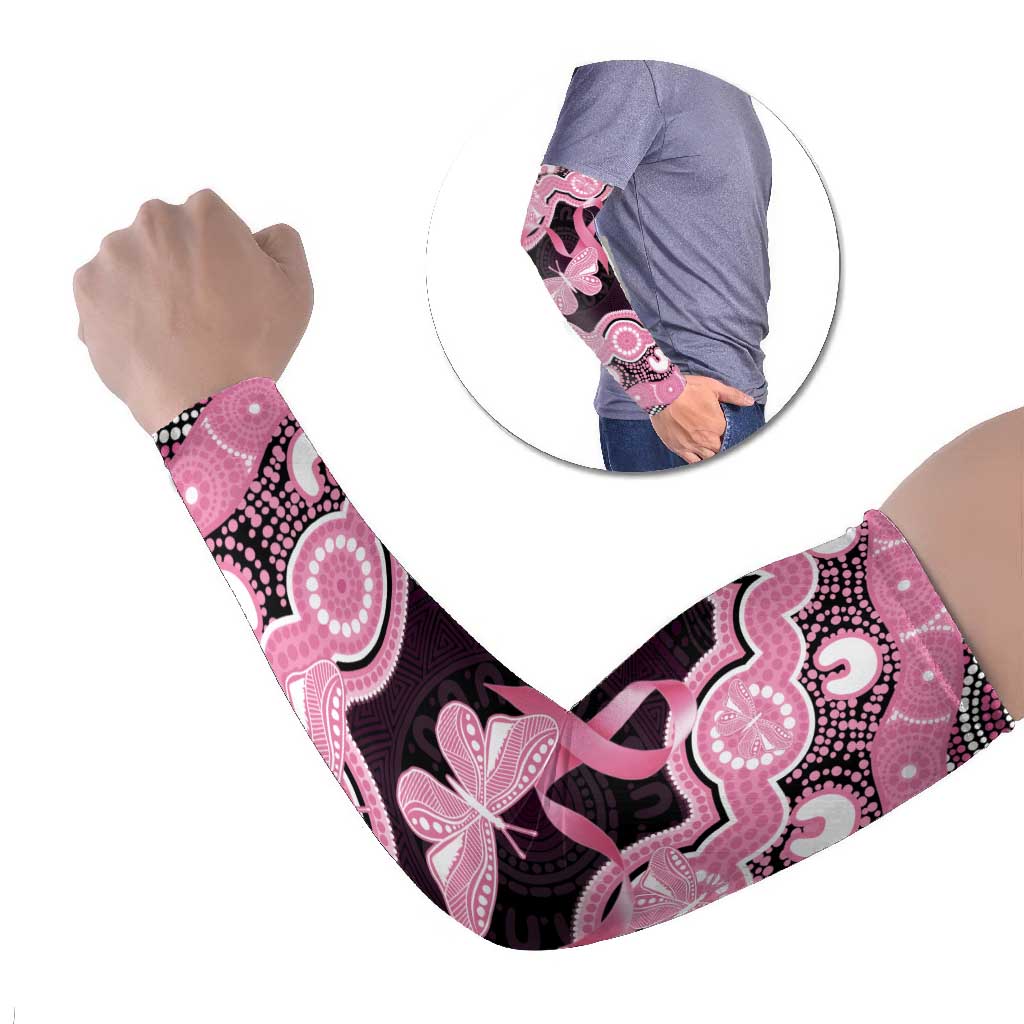 Australia Indigenous Arm Sleeves Pink Ribbon Breast Cancer Butterfly Aboriginal Black - Aussie Hoodie