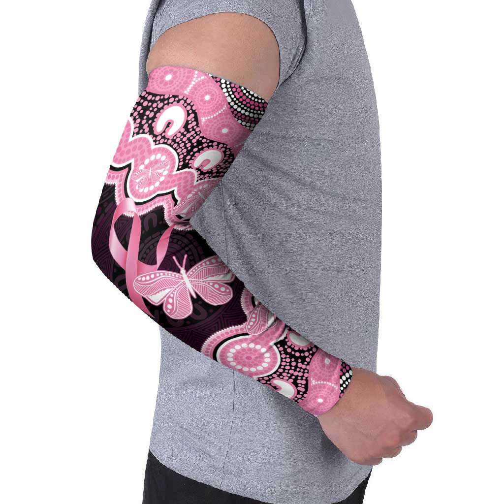 Australia Indigenous Arm Sleeves Pink Ribbon Breast Cancer Butterfly Aboriginal Black - Aussie Hoodie