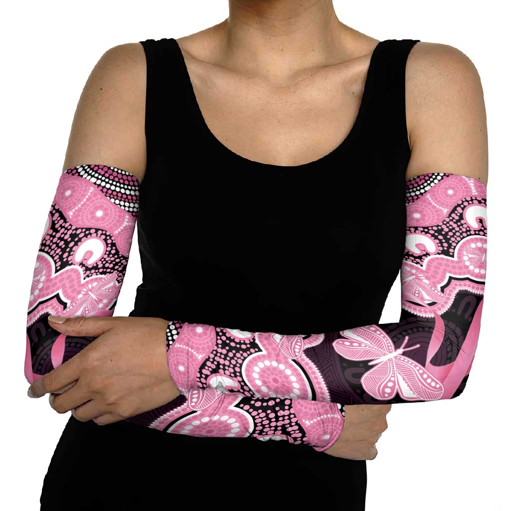 Australia Indigenous Arm Sleeves Pink Ribbon Breast Cancer Butterfly Aboriginal Black - Aussie Hoodie