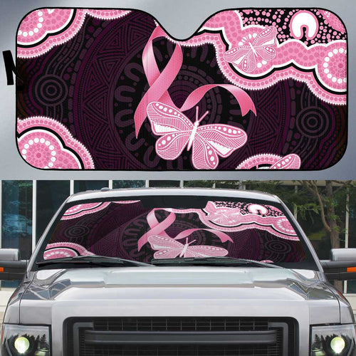 Australia Indigenous Auto Sun Shade Pink Ribbon Breast Cancer Butterfly Aboriginal Black - Aussie Hoodie