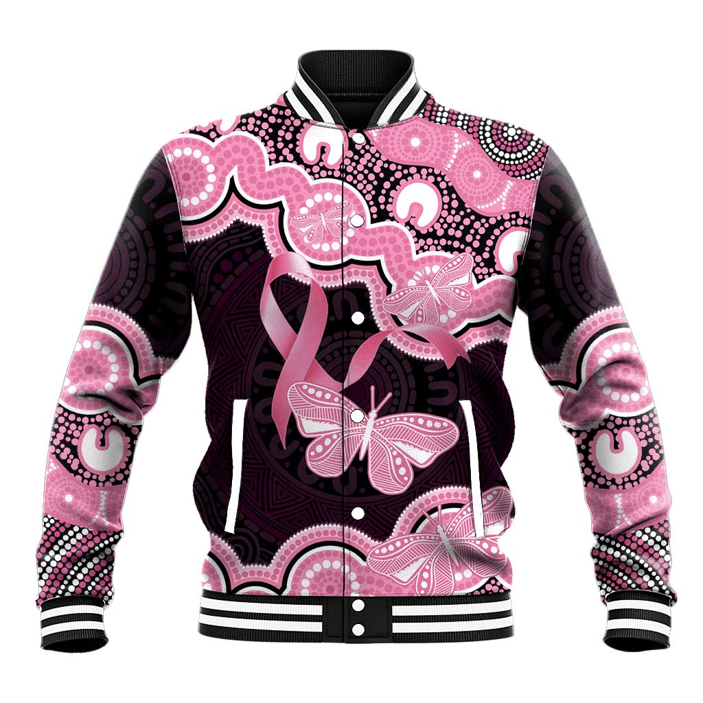 Australia Indigenous Baseball Jacket Pink Ribbon Breast Cancer Butterfly Aboriginal Black - Aussie Hoodie