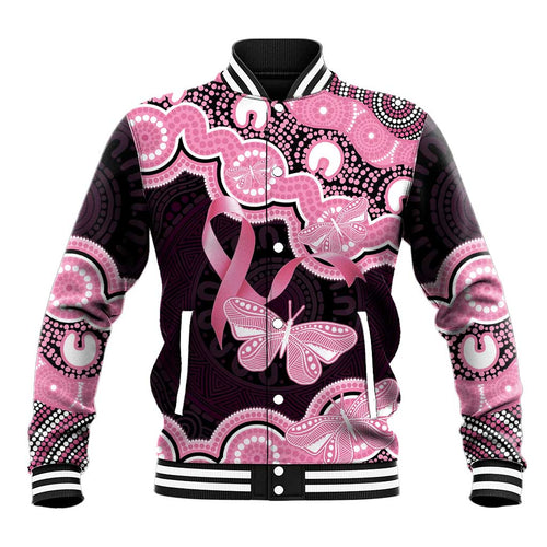 Australia Indigenous Baseball Jacket Pink Ribbon Breast Cancer Butterfly Aboriginal Black - Aussie Hoodie