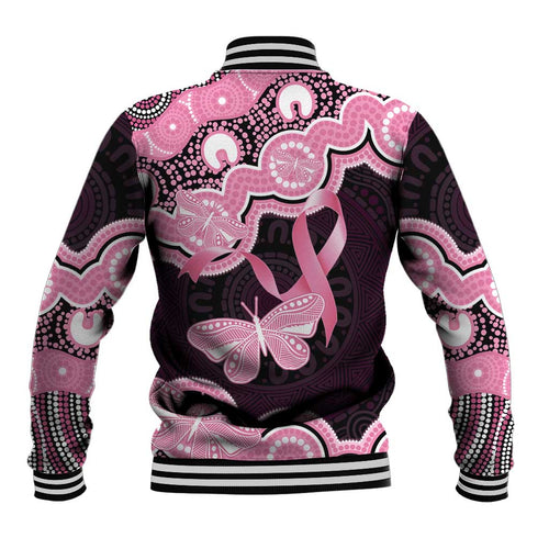 Australia Indigenous Baseball Jacket Pink Ribbon Breast Cancer Butterfly Aboriginal Black - Aussie Hoodie