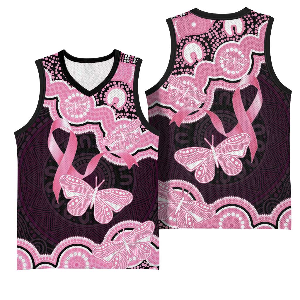Australia Indigenous Basketball Jersey Pink Ribbon Breast Cancer Butterfly Aboriginal Black - Aussie Hoodie