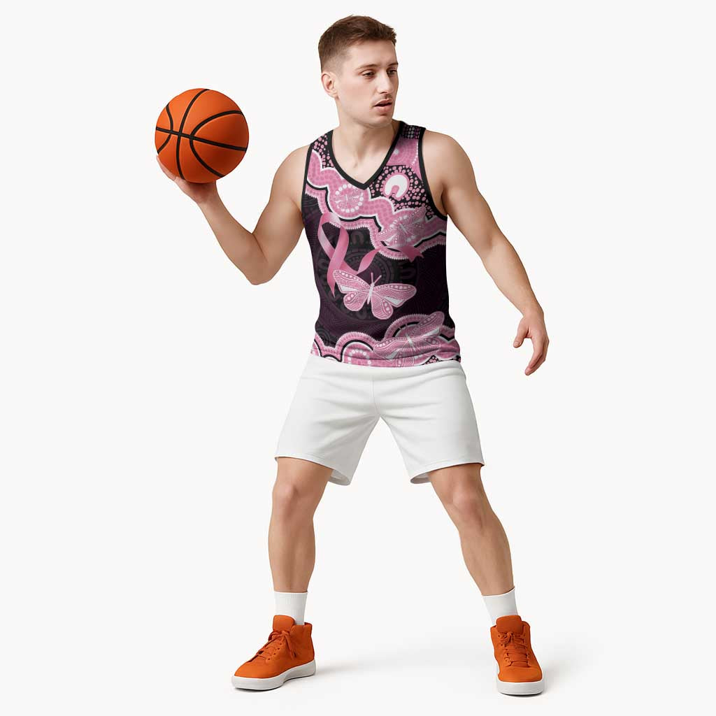 Australia Indigenous Basketball Jersey Pink Ribbon Breast Cancer Butterfly Aboriginal Black - Aussie Hoodie