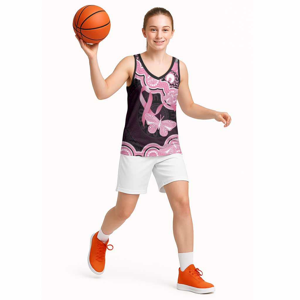 Australia Indigenous Basketball Jersey Pink Ribbon Breast Cancer Butterfly Aboriginal Black - Aussie Hoodie