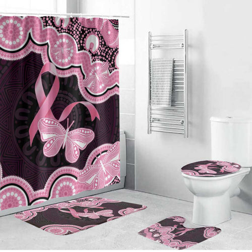 Australia Indigenous Bathroom Set Pink Ribbon Breast Cancer Butterfly Aboriginal Black - Aussie Hoodie