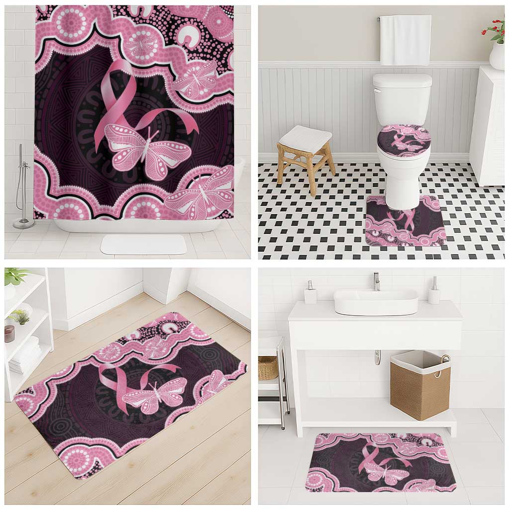 Australia Indigenous Bathroom Set Pink Ribbon Breast Cancer Butterfly Aboriginal Black - Aussie Hoodie