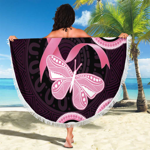 Australia Indigenous Beach Blanket Pink Ribbon Breast Cancer Butterfly Aboriginal Black - Aussie Hoodie