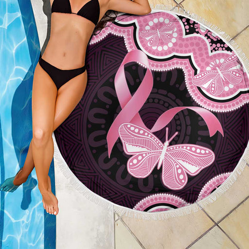 Australia Indigenous Beach Blanket Pink Ribbon Breast Cancer Butterfly Aboriginal Black - Aussie Hoodie