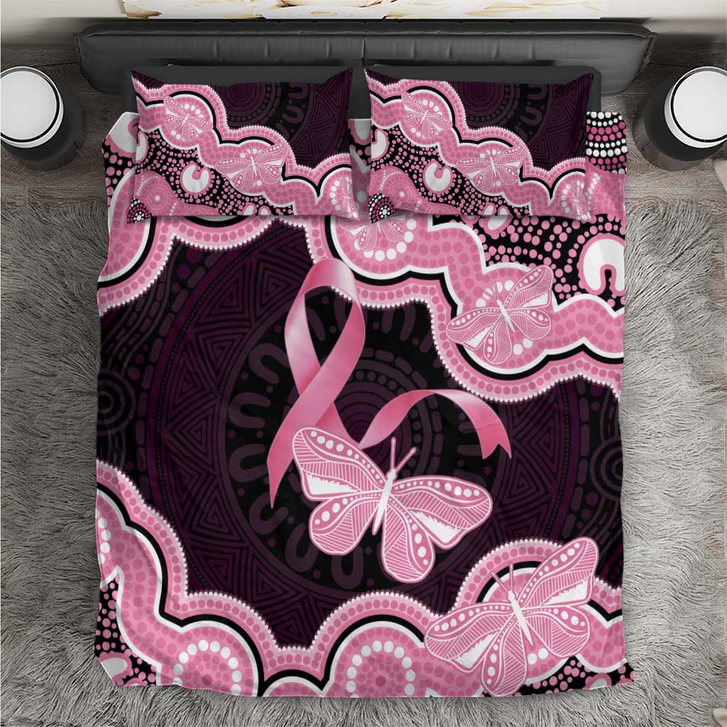 Australia Indigenous Bedding Set Pink Ribbon Breast Cancer Butterfly Aboriginal Black - Aussie Hoodie