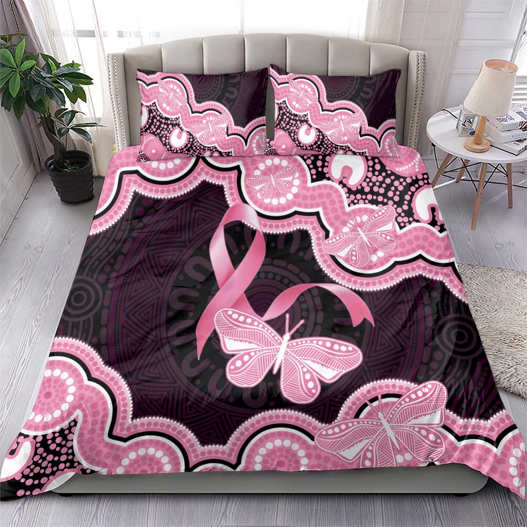 Australia Indigenous Bedding Set Pink Ribbon Breast Cancer Butterfly Aboriginal Black - Aussie Hoodie