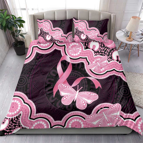 Australia Indigenous Bedding Set Pink Ribbon Breast Cancer Butterfly Aboriginal Black - Aussie Hoodie