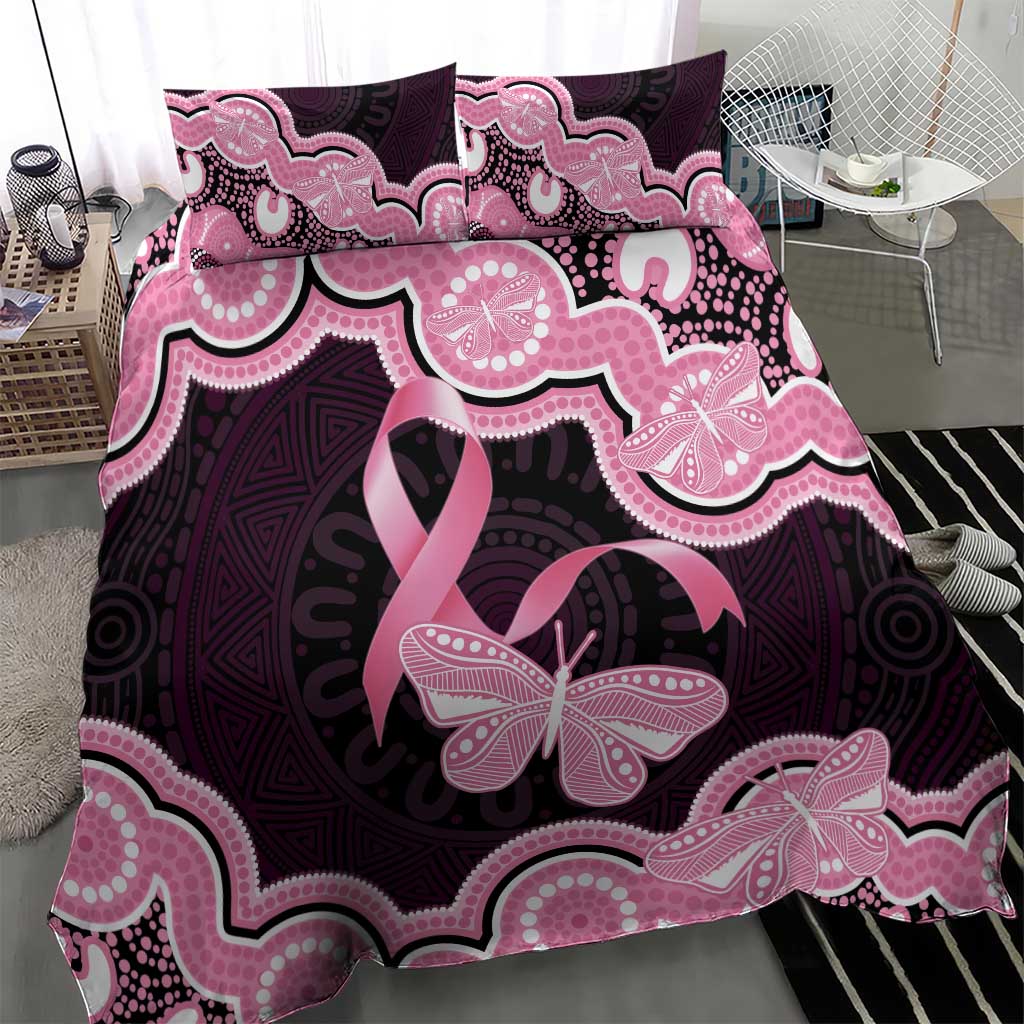 Australia Indigenous Bedding Set Pink Ribbon Breast Cancer Butterfly Aboriginal Black - Aussie Hoodie