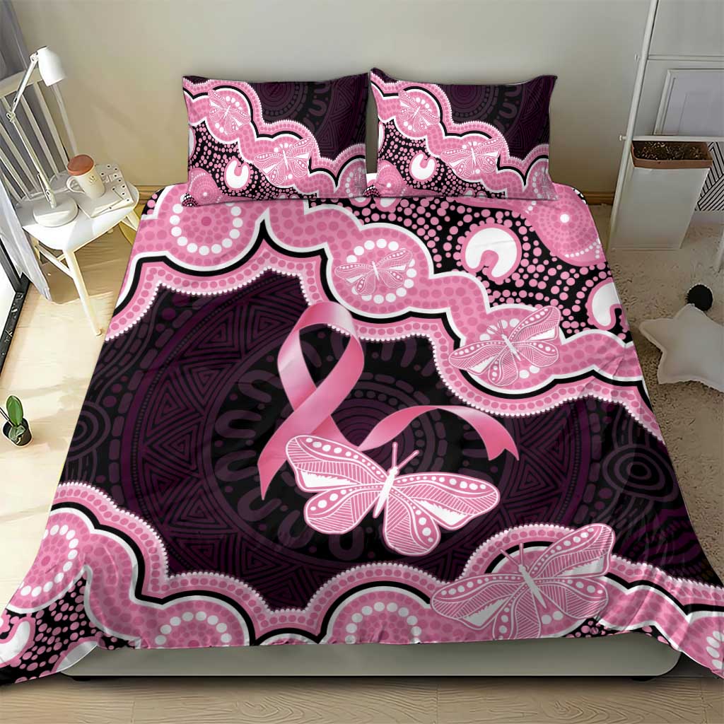Australia Indigenous Bedding Set Pink Ribbon Breast Cancer Butterfly Aboriginal Black - Aussie Hoodie