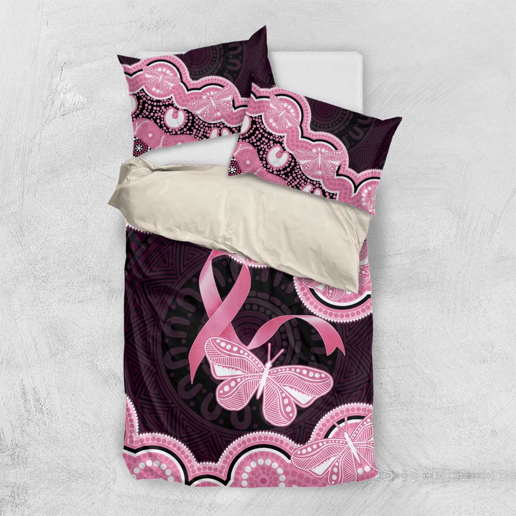 Australia Indigenous Bedding Set Pink Ribbon Breast Cancer Butterfly Aboriginal Black - Aussie Hoodie