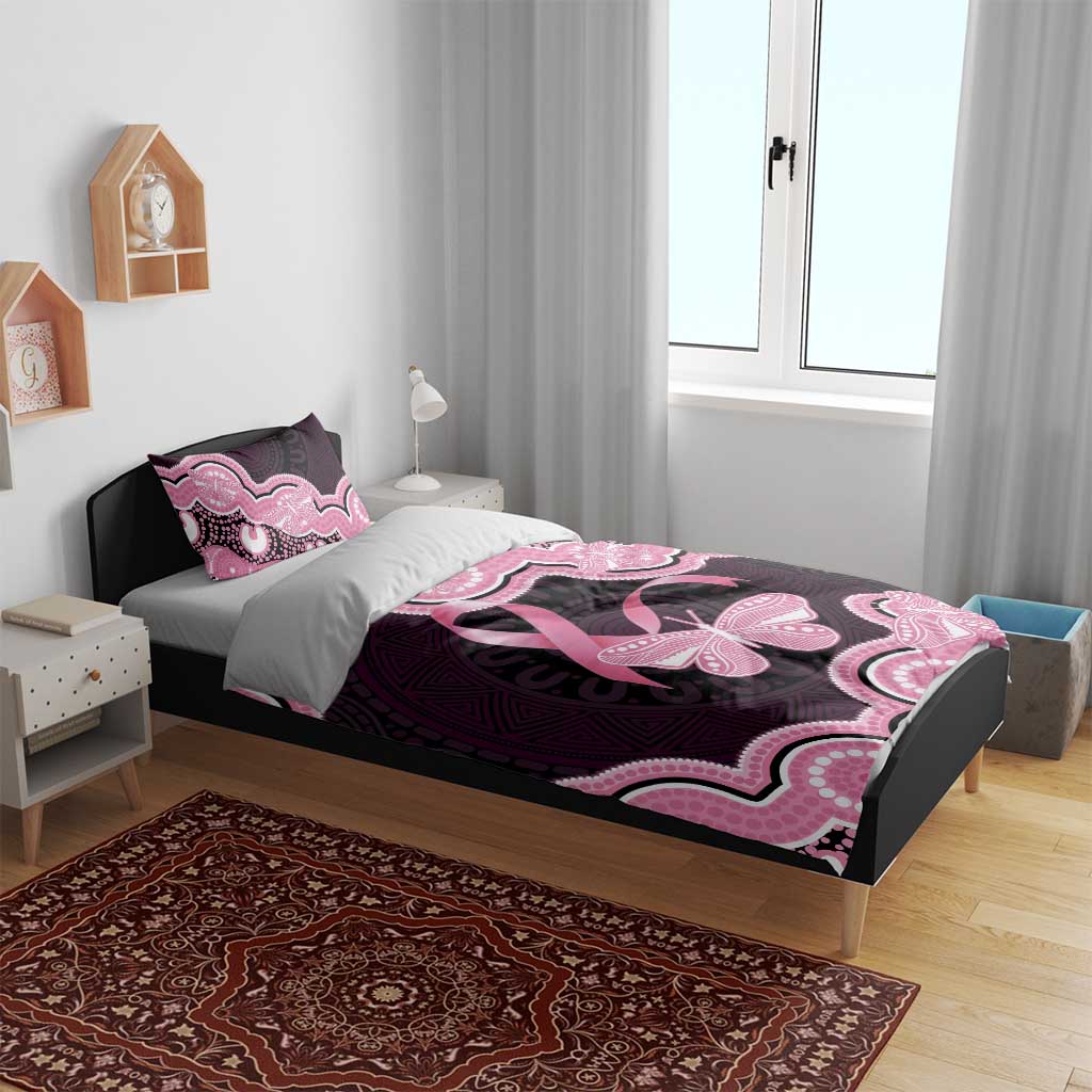 Australia Indigenous Bedding Set Pink Ribbon Breast Cancer Butterfly Aboriginal Black - Aussie Hoodie