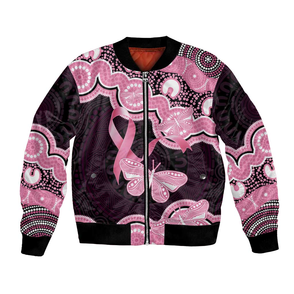 Australia Indigenous Bomber Jacket Pink Ribbon Breast Cancer Butterfly Aboriginal Black - Aussie Hoodie
