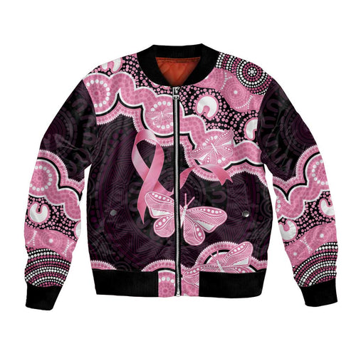 Australia Indigenous Bomber Jacket Pink Ribbon Breast Cancer Butterfly Aboriginal Black - Aussie Hoodie