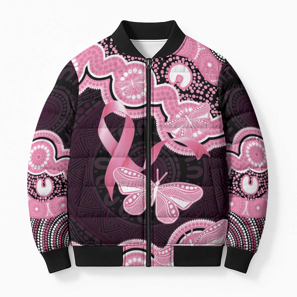 Australia Indigenous Bomber Puffer Jacket Pink Ribbon Breast Cancer Butterfly Aboriginal Black - Aussie Hoodie