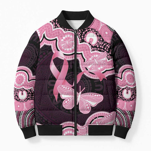 Australia Indigenous Bomber Puffer Jacket Pink Ribbon Breast Cancer Butterfly Aboriginal Black - Aussie Hoodie