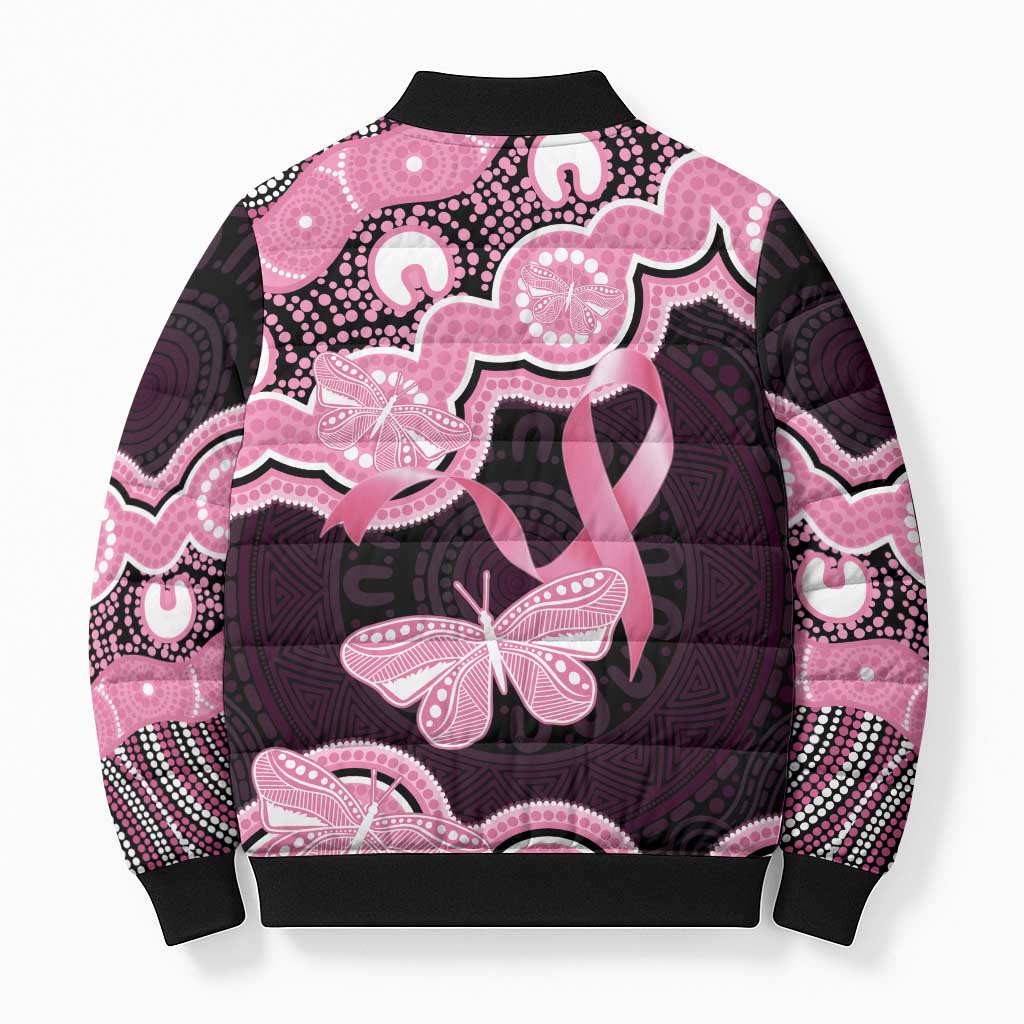 Australia Indigenous Bomber Puffer Jacket Pink Ribbon Breast Cancer Butterfly Aboriginal Black - Aussie Hoodie