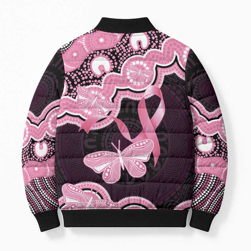 Australia Indigenous Bomber Puffer Jacket Pink Ribbon Breast Cancer Butterfly Aboriginal Black - Aussie Hoodie