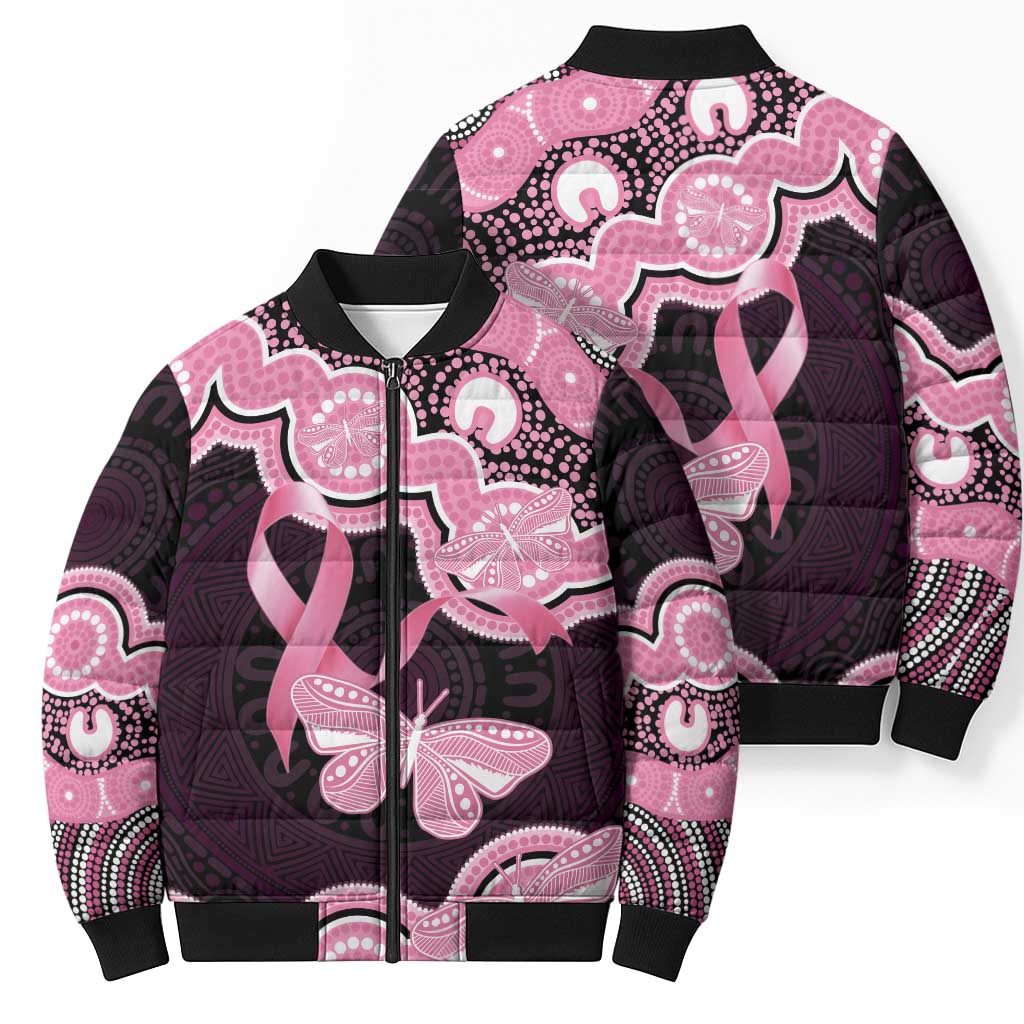 Australia Indigenous Bomber Puffer Jacket Pink Ribbon Breast Cancer Butterfly Aboriginal Black - Aussie Hoodie