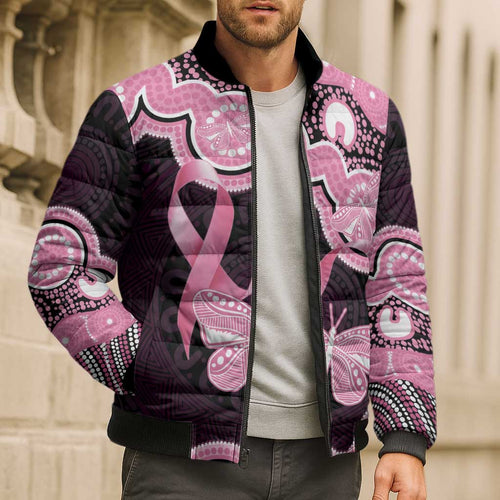 Australia Indigenous Bomber Puffer Jacket Pink Ribbon Breast Cancer Butterfly Aboriginal Black - Aussie Hoodie