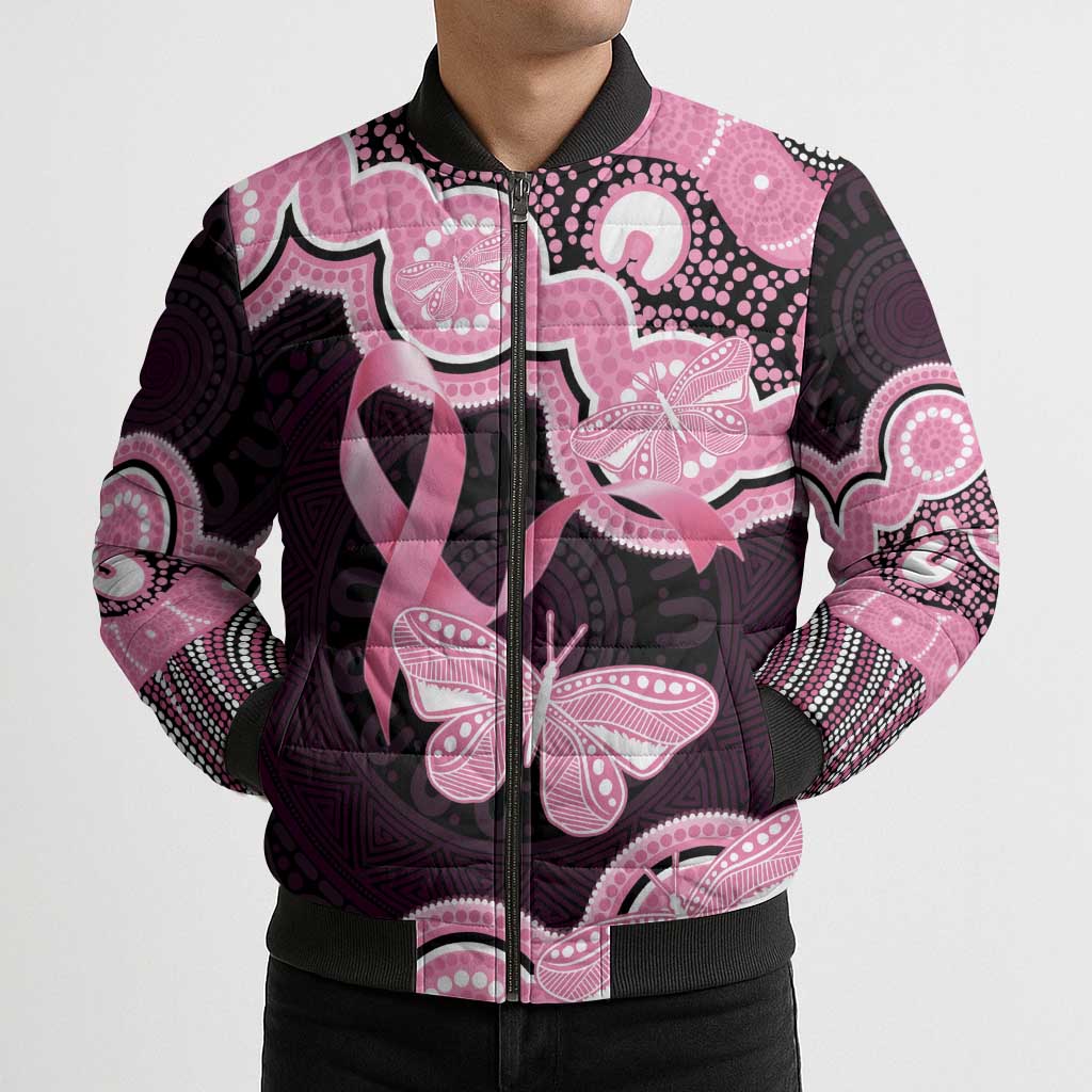 Australia Indigenous Bomber Puffer Jacket Pink Ribbon Breast Cancer Butterfly Aboriginal Black - Aussie Hoodie