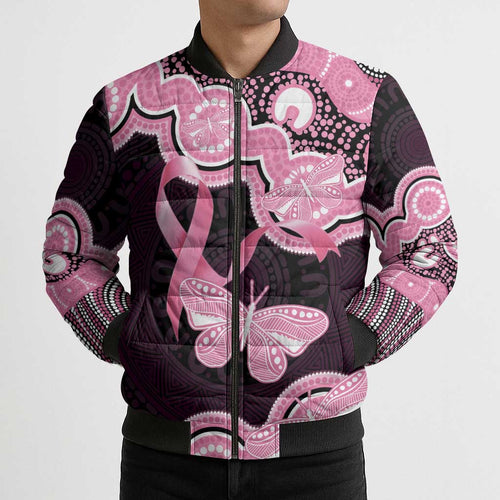 Australia Indigenous Bomber Puffer Jacket Pink Ribbon Breast Cancer Butterfly Aboriginal Black - Aussie Hoodie