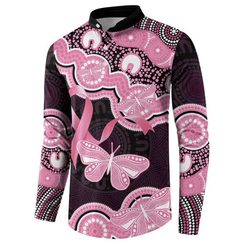 Australia Indigenous Button Sweatshirt Pink Ribbon Breast Cancer Butterfly Aboriginal Black - Aussie Hoodie